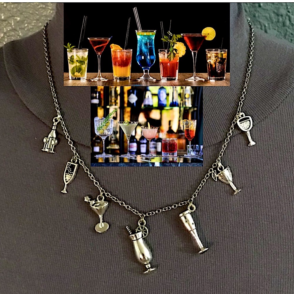 "Cocktail Party" Handmade Silver Charm Necklace Champagne Martini Margarita Wine